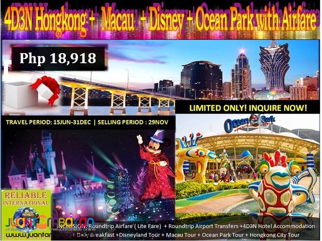 4D3N Hongkong + Macau + Disneyland + Ocean Park Tour & Airfare