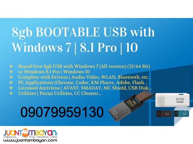 Brand new 8GB Bootable USB with Windows 7 / Win 8.1 / Win 10 Brand new 8GB Bootable USB with Windows 7 / Win 8.1 / Win 10