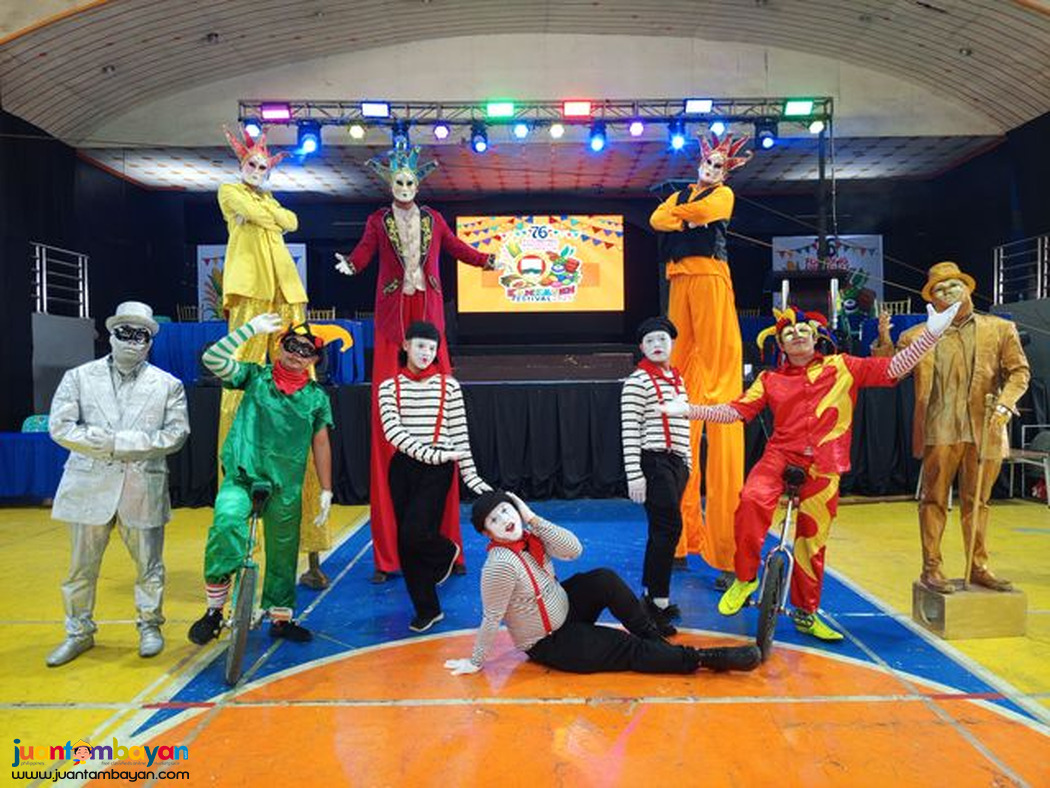 Unicyclist, juggler, stilt walkers, street mime, event, party