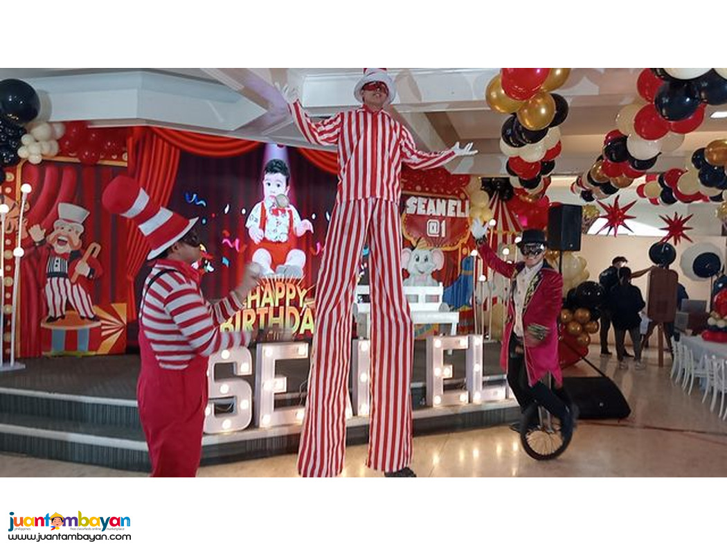 Unicyclist, juggler, stilt walkers, street mime, event, party