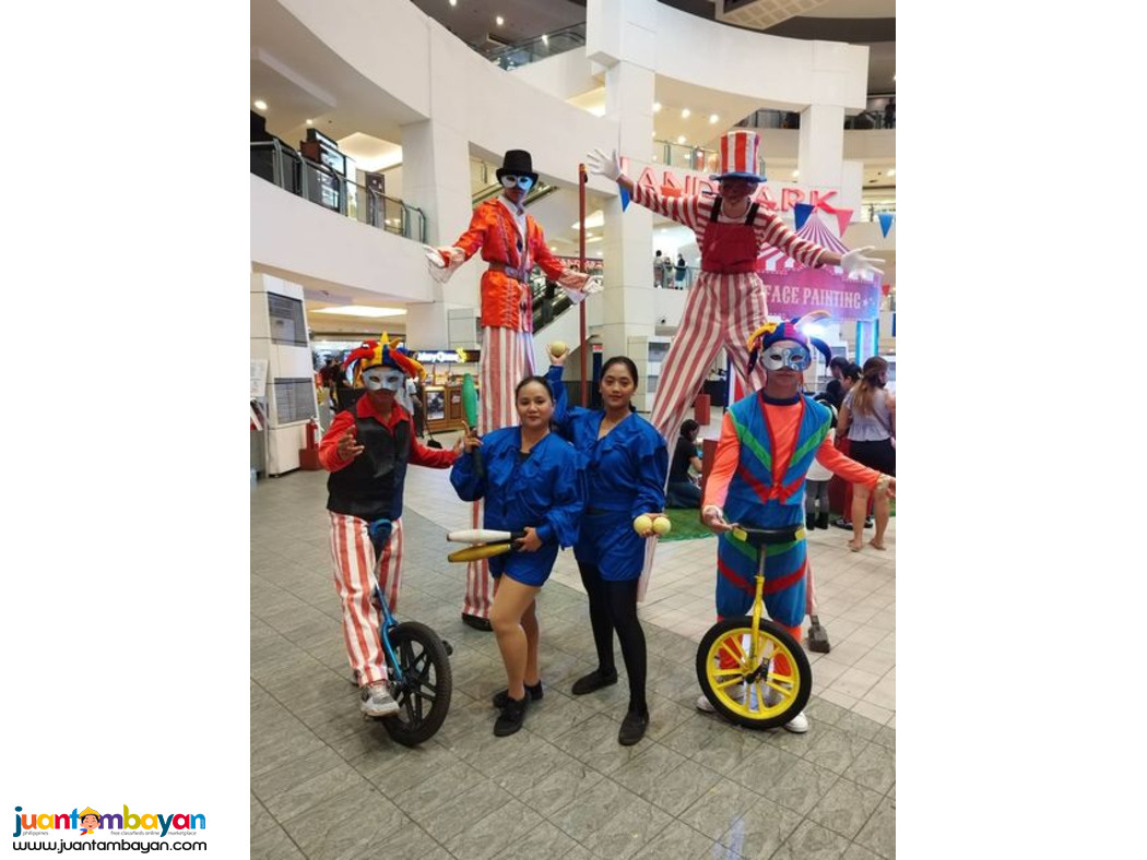 Unicyclist, juggler, stilt walkers, street mime, event, party
