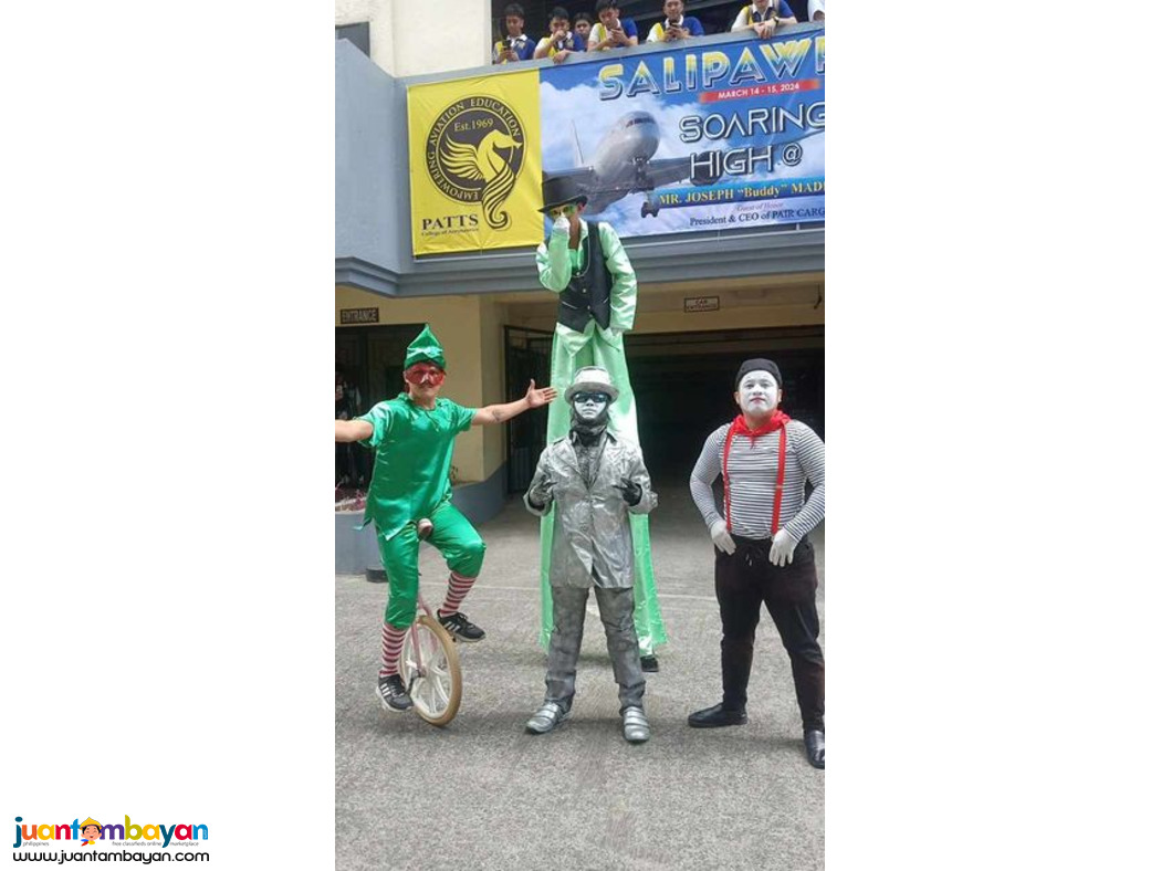 Unicyclist, juggler, stilt walkers, street mime, event, party