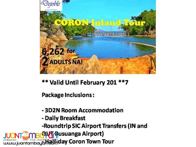 3D2N Coron Free and Easy Tour 6,262 for 2 ADULTS NA! 3D2N Coron Free and Easy Tour 6,262 for 2 ADULTS NA!
