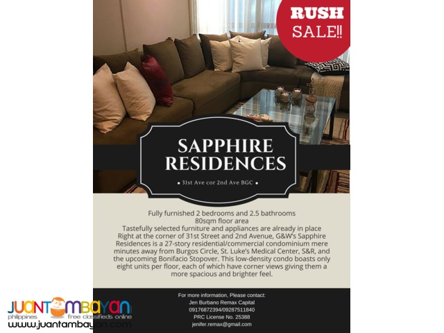 For Sale 80 Sqm 2 BR Unit in Sapphire Residences, BGC, Taguig
