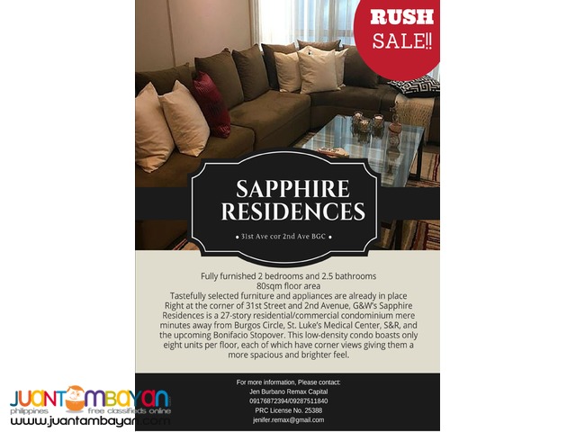 ON RUSH SALE!!! 2 Fully Furnished BR in Sapphire Residences BGC