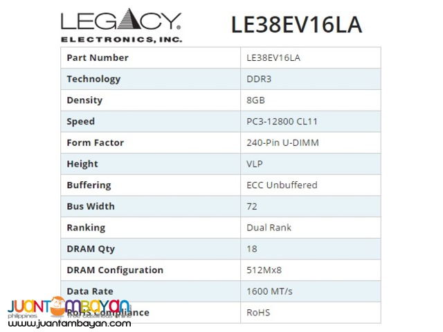 Legacy LE38EV16LA 8GB DDR3 PC3-12800 CL11 ECC Unbuffered