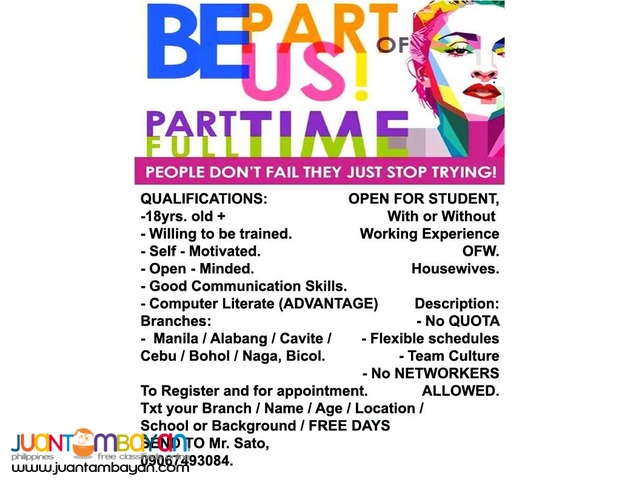 Part time for students working job less fresh grad in Cavite Part time for students working job less fresh grad in Cavite