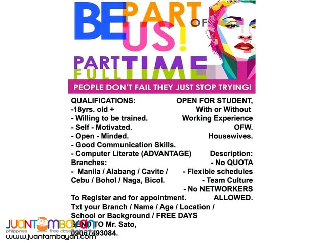 Part time for students working job less fresh grad in Cavite