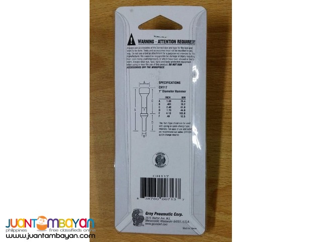Grey Pneumatic CH117 Pneumatic Bit, 1" Diameter Hammer, 4-1/8" Long