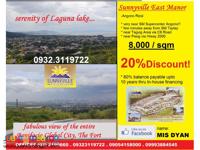Lot for Sale overlooking at BGC n Laguna Lake Sunnyville Angono