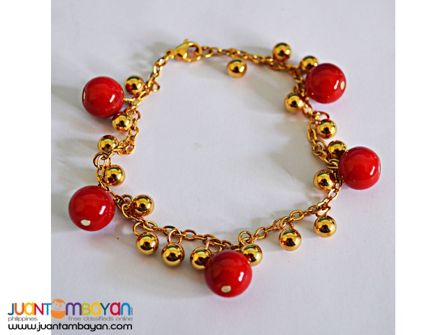 Gold Bead Bracelet with Red Ceramic Beads