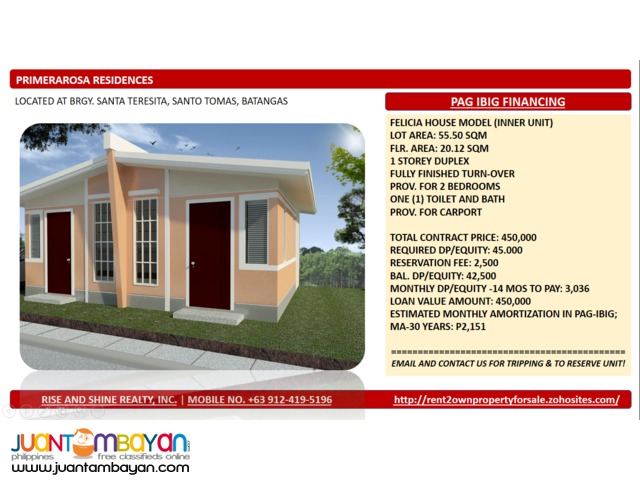 Felicia Duplex thru Pag Ibig in Santo Tomas Batangas