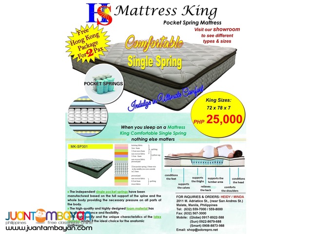 Mattress King: Comfortable Single Spring with Free Hong Kong Pkg Mattress King: Comfortable Single Spring with Free Hong Kong Pkg
