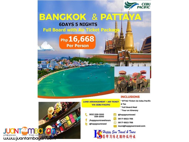 6D5N Bangkok and Pattaya Full Board with Air Ticket