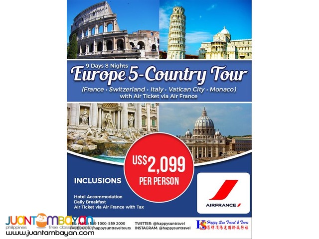 9D8N Europe 5 Country Tour via Air France