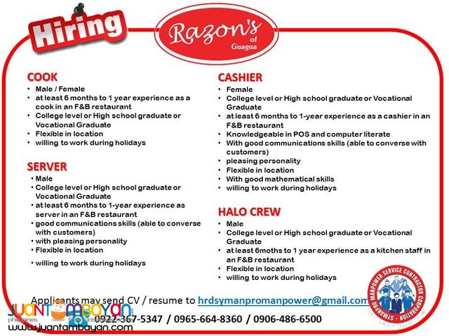 Hiring Kitchen Staff - SM Marilao