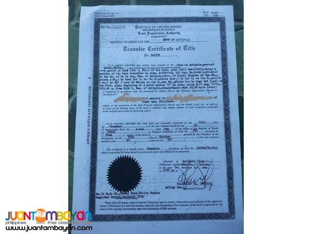 Lot sale in NUESTRA SNRA.DE LA PAZ SUBD ANTIPOLO CITY