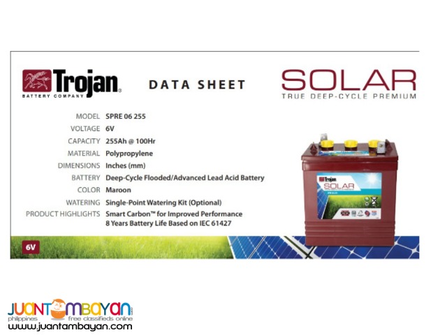 Trojan 6V 225AH Deep Cycle Flooded Solar Battery Made In US