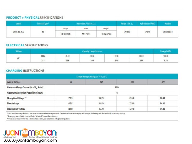 Trojan 6V 225AH Deep Cycle Flooded Solar Battery Made In US