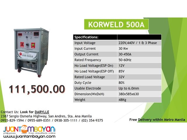 Korweld 500A ARC DC Inverter Type Welding Machine (220V,440V)
