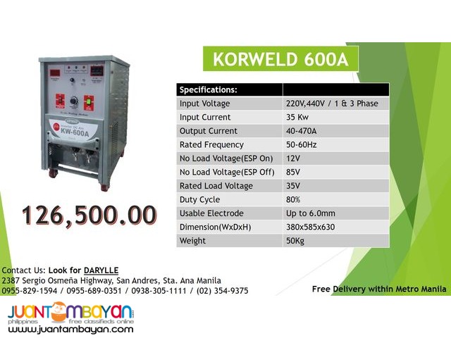 Korweld 600A ARC DC Inverter Type Welding Machine (220V,440V)
