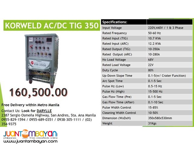 Korweld ACDC TIG 350T DC Inverter Type Welding Machine 220V,440V