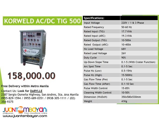Korweld ACDC TIG 500T DC Inverter Type Welding Machine (220V)