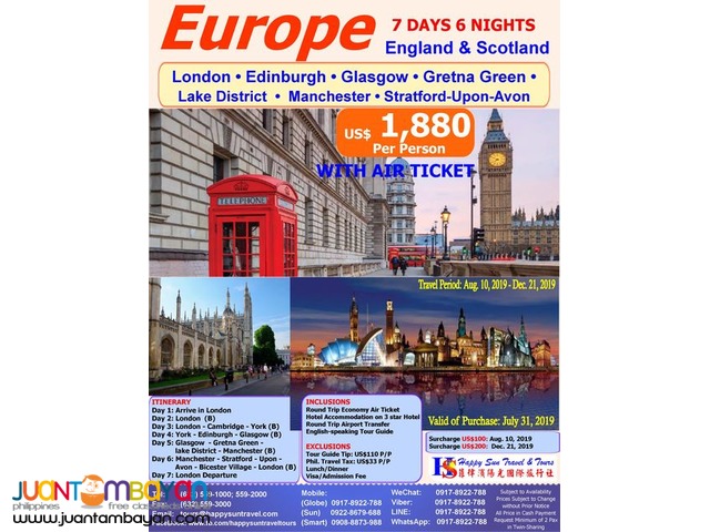 7D6N Europe (England & Scotland) with Air Ticket