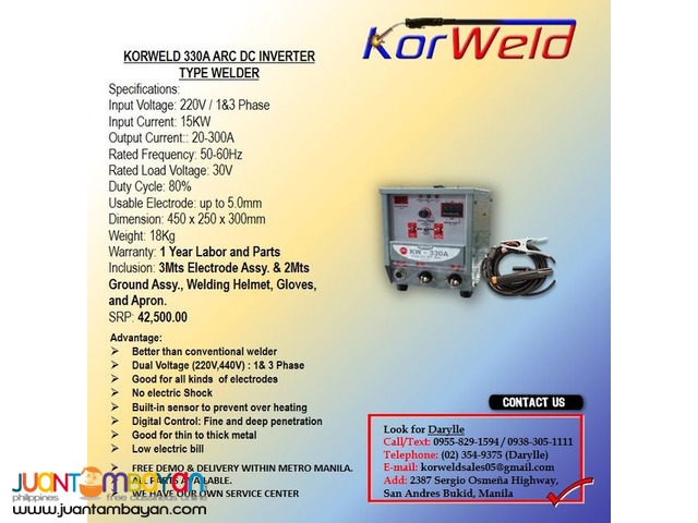 ARC Welding Machine Korweld 330Amps (220V) Inverter Type