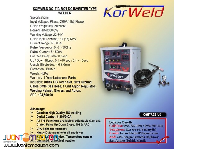 TIG Welding Machine DC  TIG Korweld 500Amps (220V) Inverter Type
