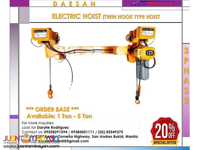DAESAN ELECTRIC HOIST TWIN HOOK HOIST (MADE IN KOREA)