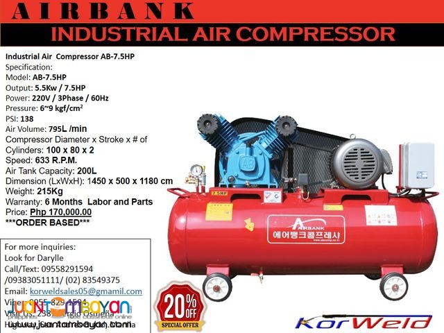 INDUSTRIAL AIR COMPRESSOR AB-7.5HP/200L (KOREAN QUALITY)