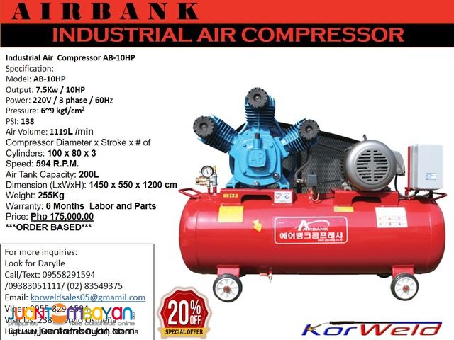 INDUSTRIAL AIR COMPRESSOR AB-10HP/200L (KOREAN QUALITY)