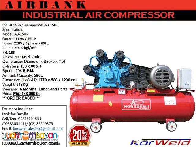 INDUSTRIAL AIR COMPRESSOR AB-15HP/280L (KOREAN QUALITY)