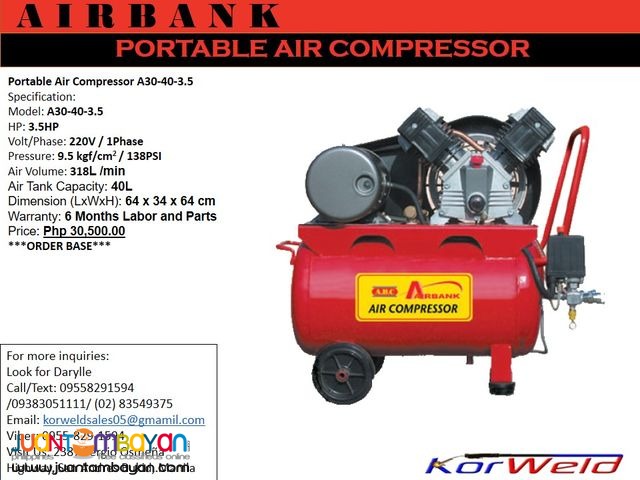 PORTABLE AIR COMPRESSOR A30-40-3.5HP/40L (KOREAN QUALITY)