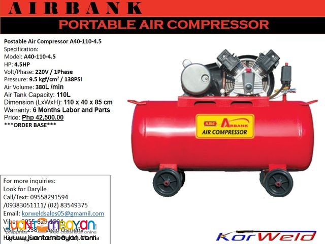 PORTABLE AIR COMPRESSOR A40-110-4.5HP/110L (KOREAN QUALITY)