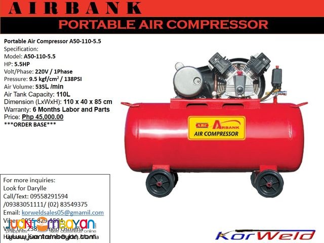PORTABLE AIR COMPRESSOR A50-110-5.5HP/110L (KOREAN QUALITY)