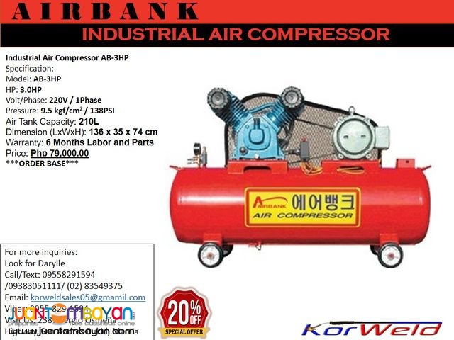 INDUSTRIAL AIR COMPRESSOR AB-3HP/210L (KOREAN QUALITY)