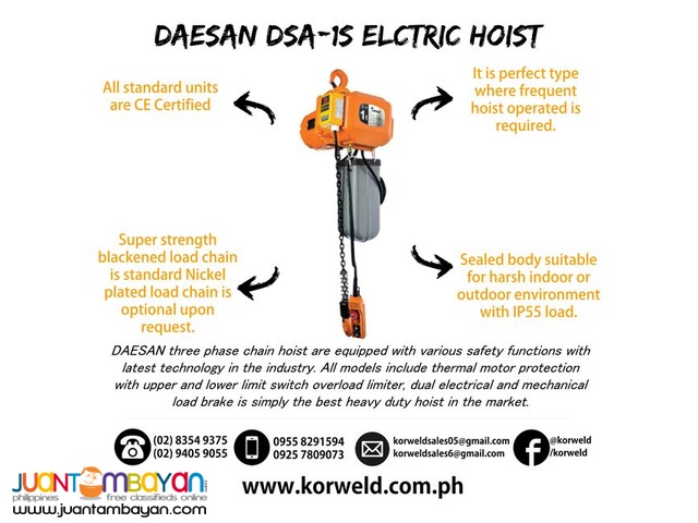 Electric Hoist 1 Ton Hook Suspension (Made In Korea)