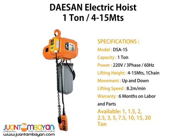 Electric Hoist 1 Ton Hook Suspension (Made In Korea)