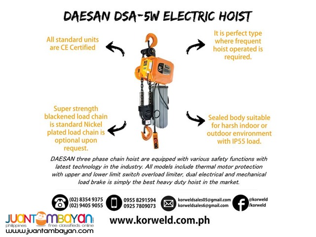 Electric Hoist 5 Ton Hook Suspension (Made In Korea)