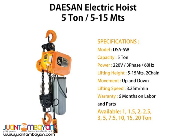 Electric Hoist 5 Ton Hook Suspension (Made In Korea)