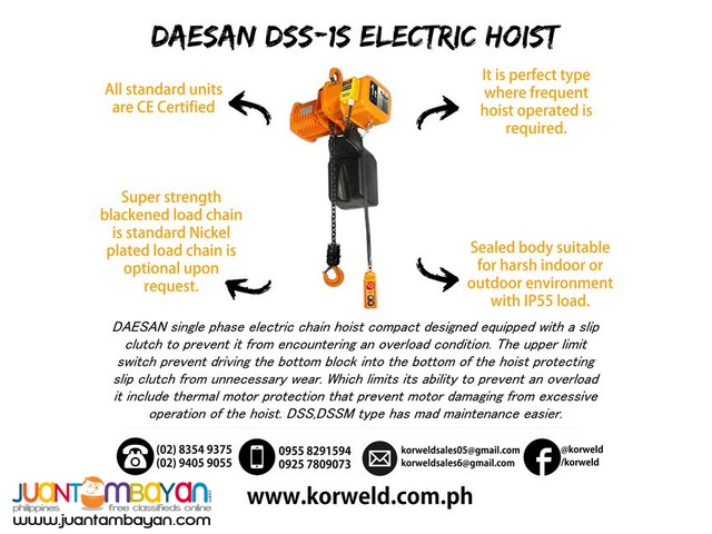 Electric Hoist 1 Ton Hook Suspension (Made In Korea)