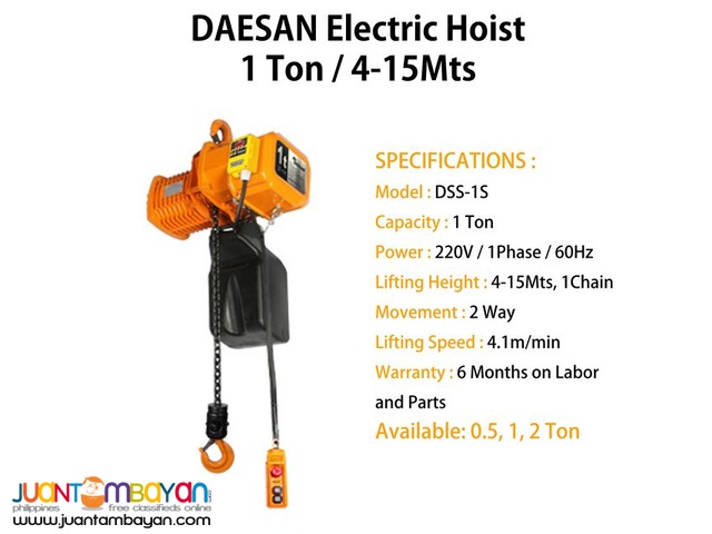 Electric Hoist 1 Ton Hook Suspension (Made In Korea)