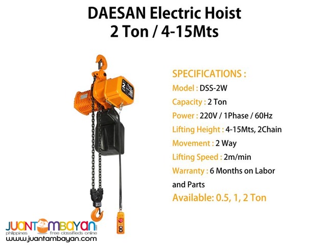 Electric Hoist 2 Ton Hook Suspension Type (Made in Korea)