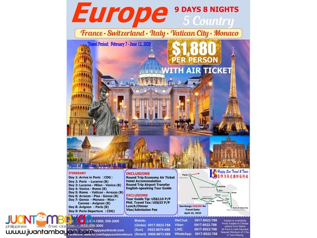 9D8N Europe – 5 Countries with Air Ticket
