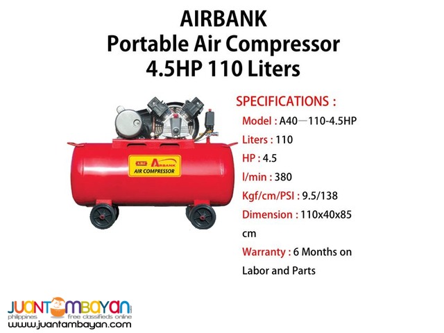 Portable Air Compressor 4.5HP 110Liters