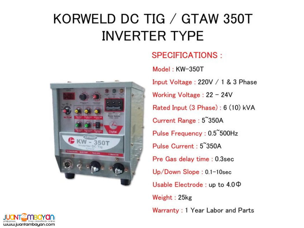 Korweld DC TIG/GTAW 350A Inverter Type Welding Machine 