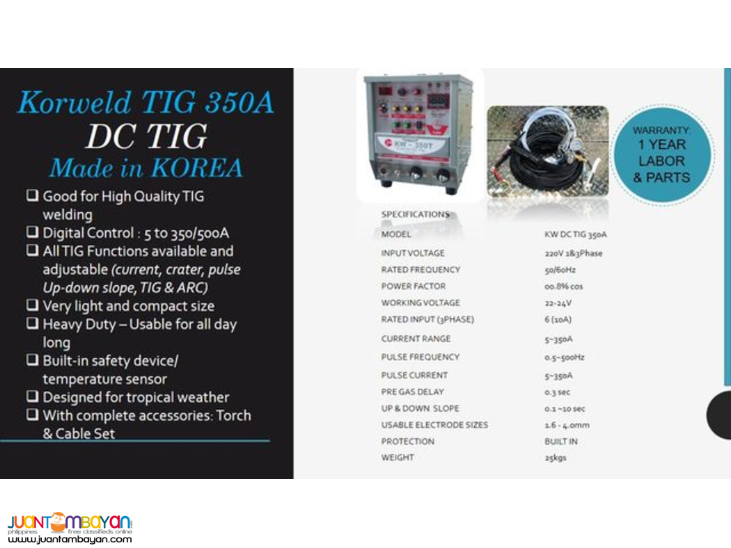 Korweld DC TIG/GTAW 350A Inverter Type Welding Machine 