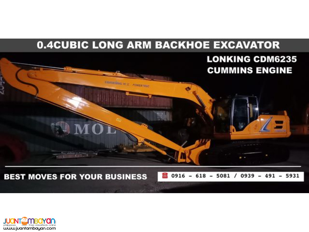 0.4 cubic long arm backhoe excavator lonking cdm6235, cummins engine